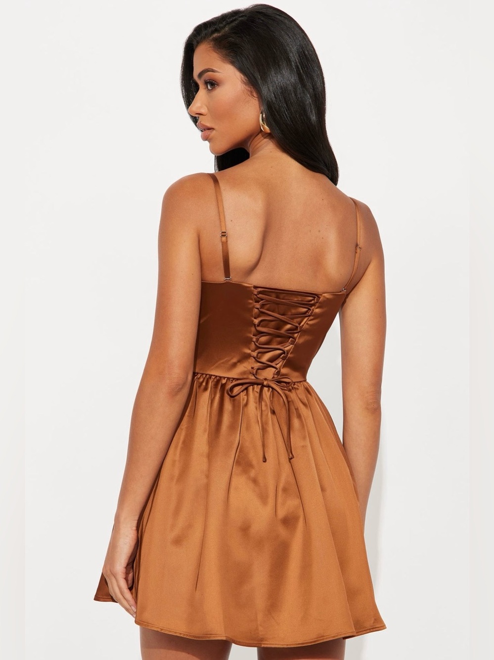 Fashion Nova Mila Pleated Satin Mini Dress Brown XS S NWT Corset Lace Up - Picture 3 of 6